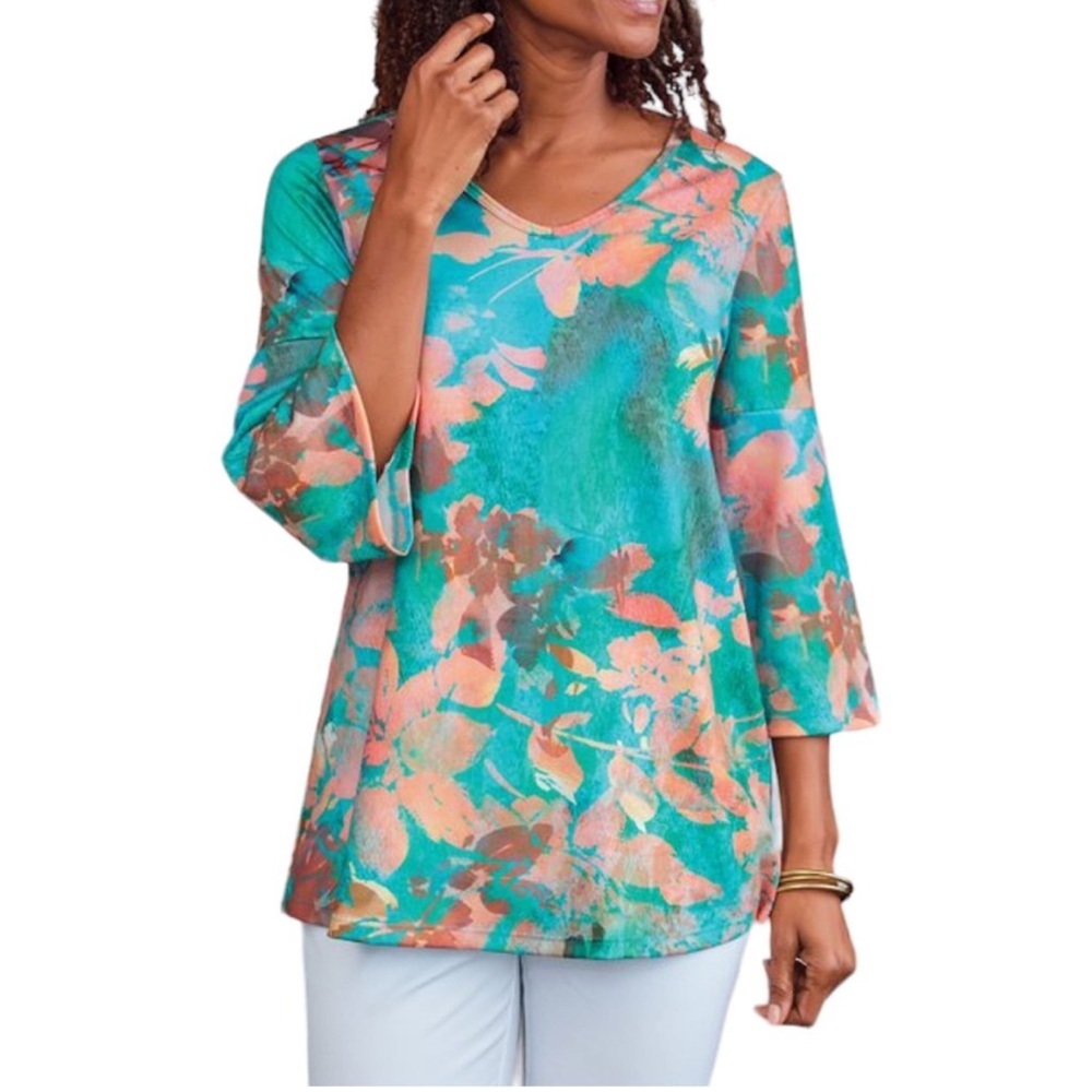 Soft Surroundings Maile Tunic Bell Sleeve Floral Knit Women’s Size Medium Teal